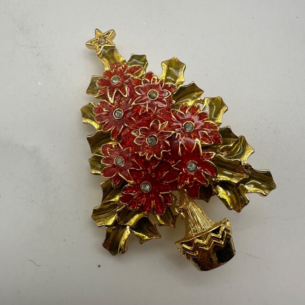 VINTAGE SIGNED CHRISTOPHER RADKO POINSETTIA CHRISTMAS TREE‎ BROOCH PIN